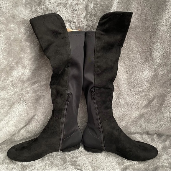 Wild Diva Black Faux Suede Over The Knee Boots Size 7 Flat Slouchy Zip Up OTK - Picture 4 of 13
